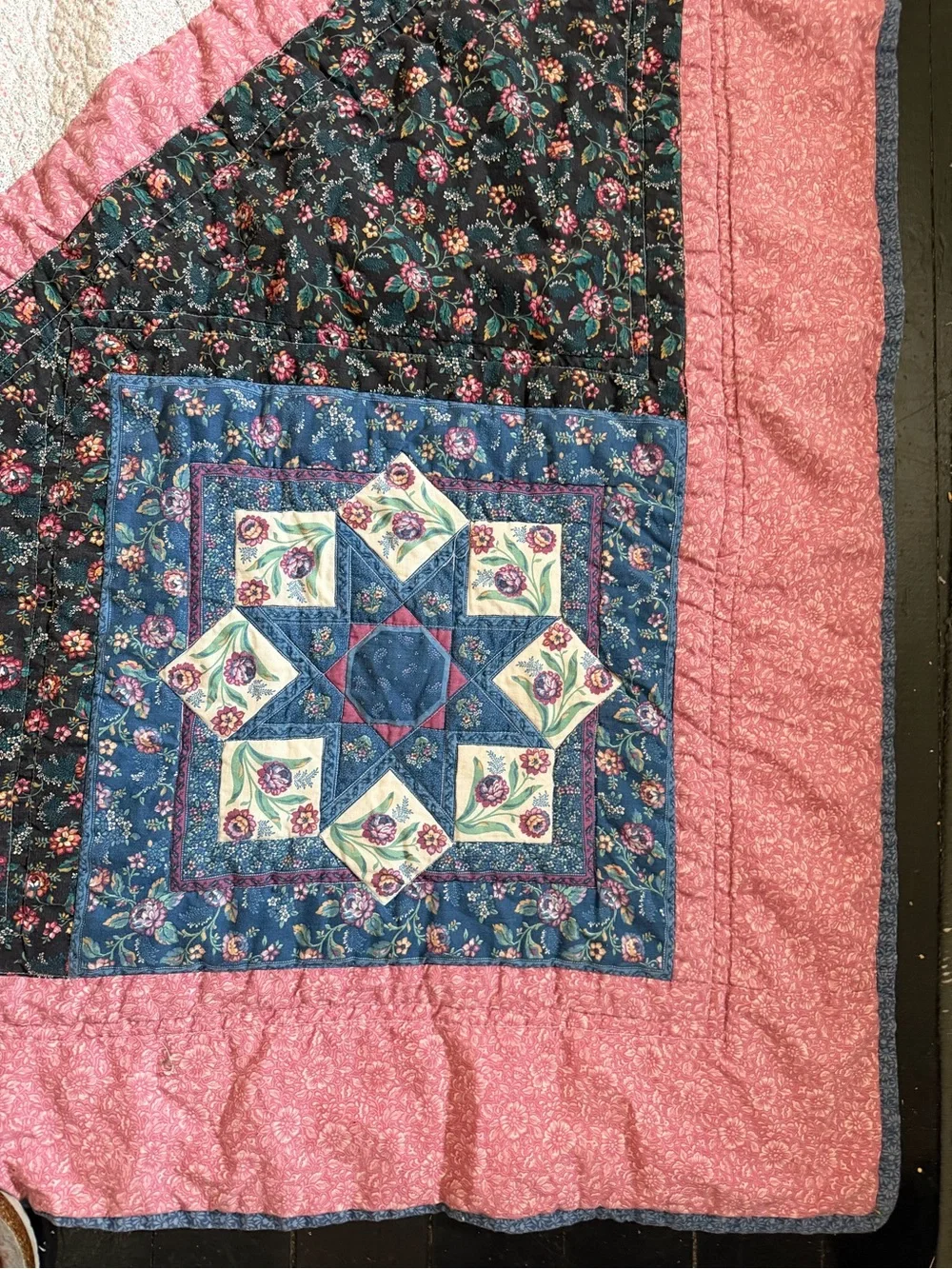 Handmade Star Patchwork Quilt in Pink, Blue, and Cream